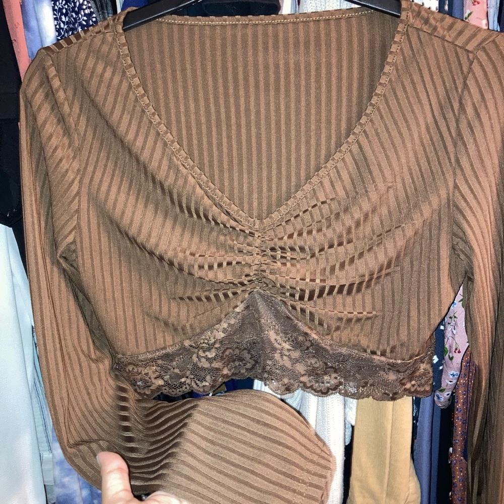 Brown Long Sleeve crop top Shein Never Worn
